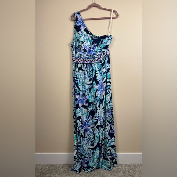 Lilly Pulitzer Malia Maxi Dress in High Tide Navy Ready Set Gecko Engineered M - Picture 2 of 5